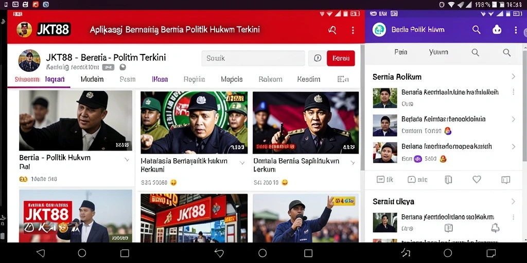 Antarmuka aplikasi JKT88 menunjukkan berita politik dan hukum terbaru.