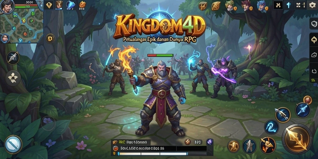 Screenshot antarmuka KINGDOM4D menampilkan pertempuran RPG yang seru.