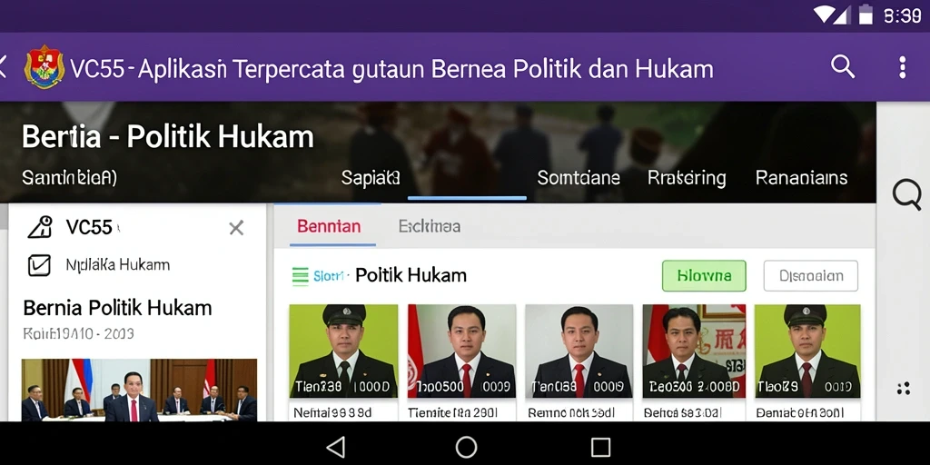 Antarmuka aplikasi VC55 menampilkan berita politik dan hukum terkini.
